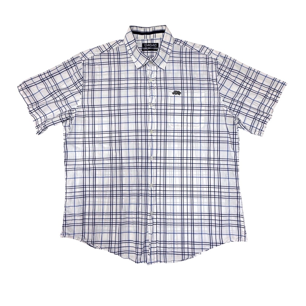 Ecko Unltd Mens 2XL Short Sleeve Button Down Shirt Blue White Plaid Rhino Logo